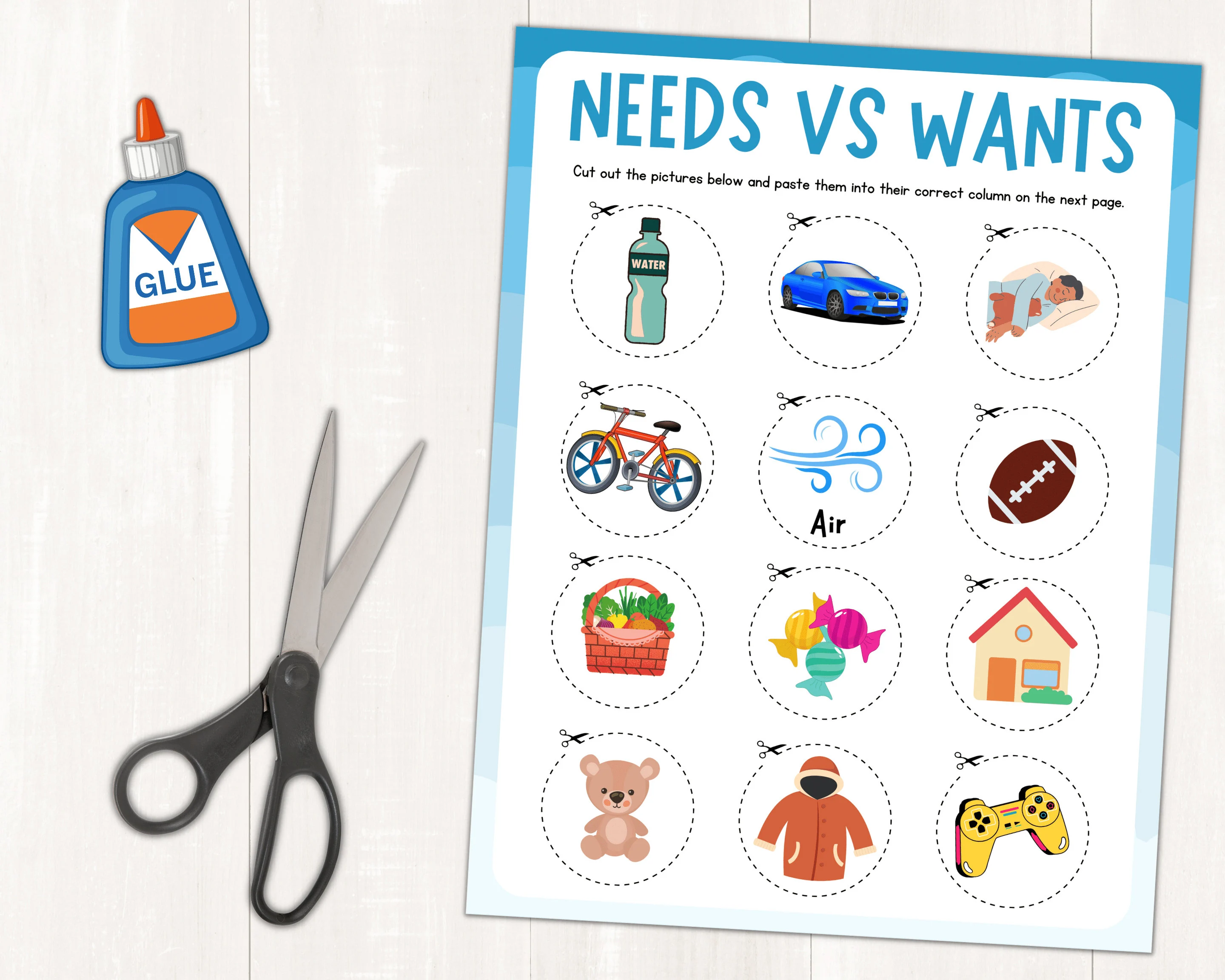 Educational worksheet for teaching preschoolers about wants versus needs in integers and rational numbers Wants and Needs worksheet designed for preschoolers to differentiate between wants and needs