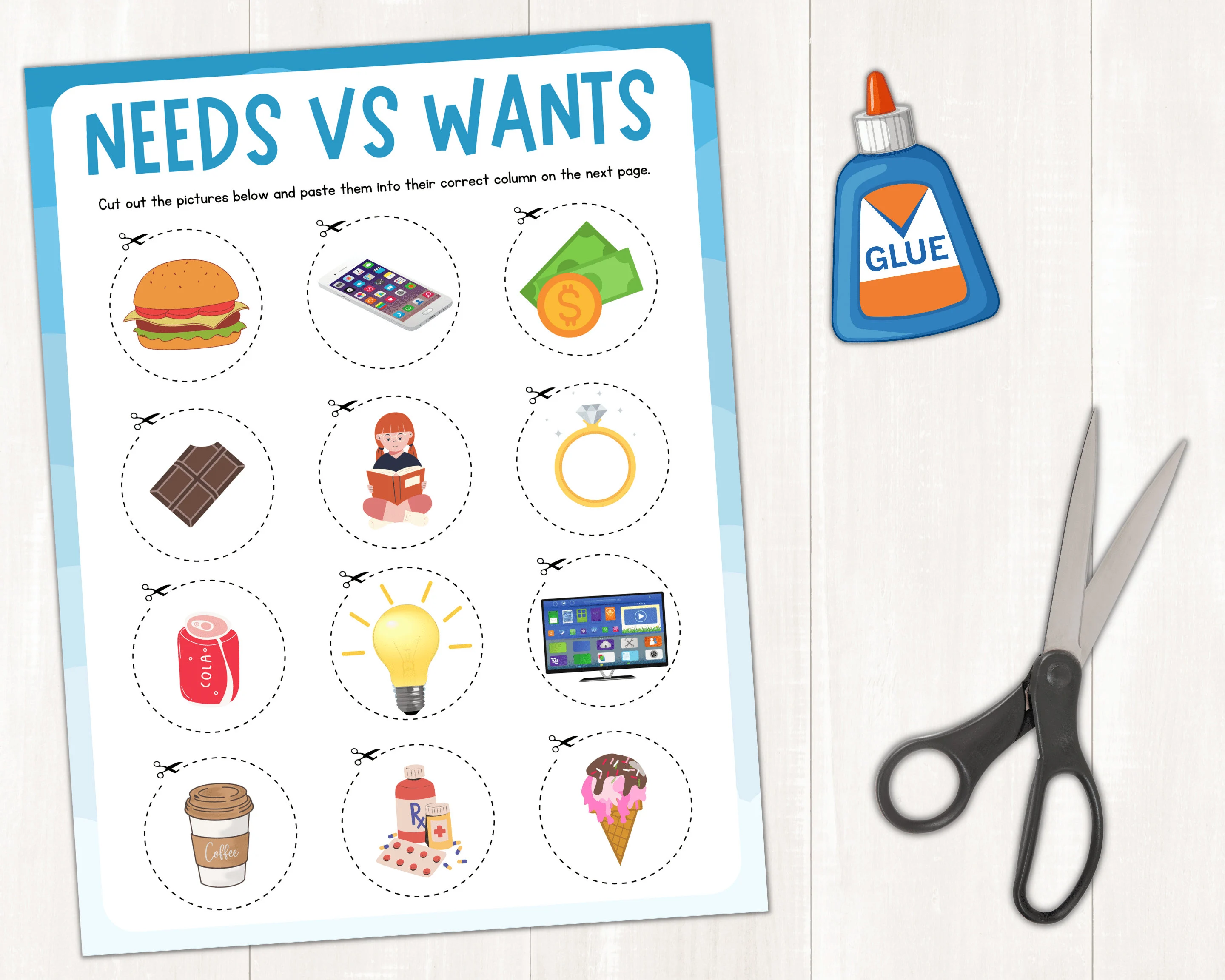 Educational worksheet image illustrating the concept of wants versus needs for young learners Wants and Needs worksheet for preschoolers to differentiate between wants and needs