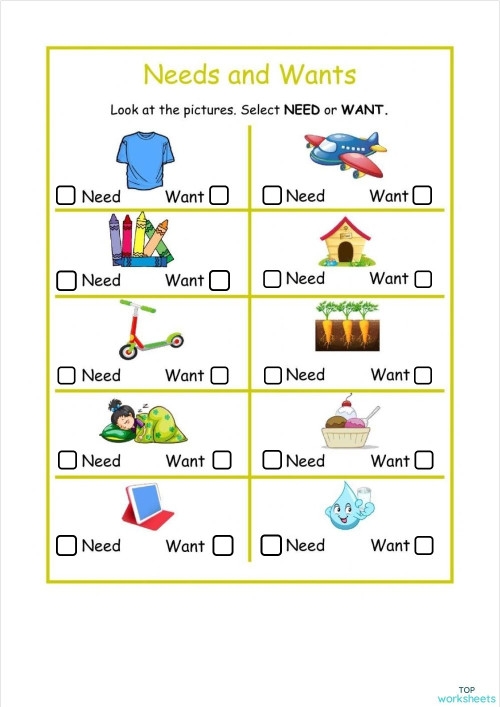 Engaging worksheet for Pre-K students on understanding wants versus needs Wants and Needs worksheet for preschoolers to differentiate between wants and needs