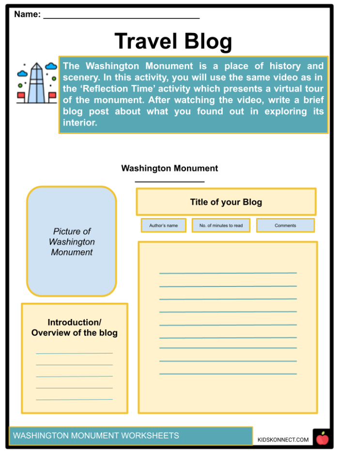 Washington Monument paper model for first grade grammar worksheet
