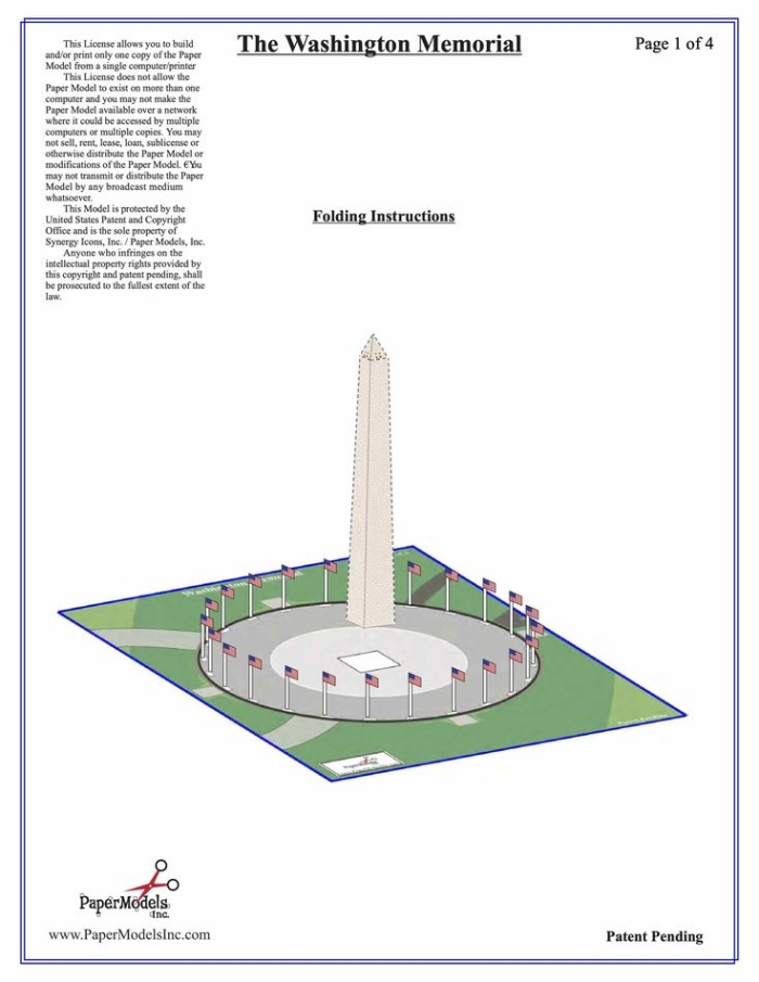 First Grade Washington Monument paper model worksheet with cut-out pieces