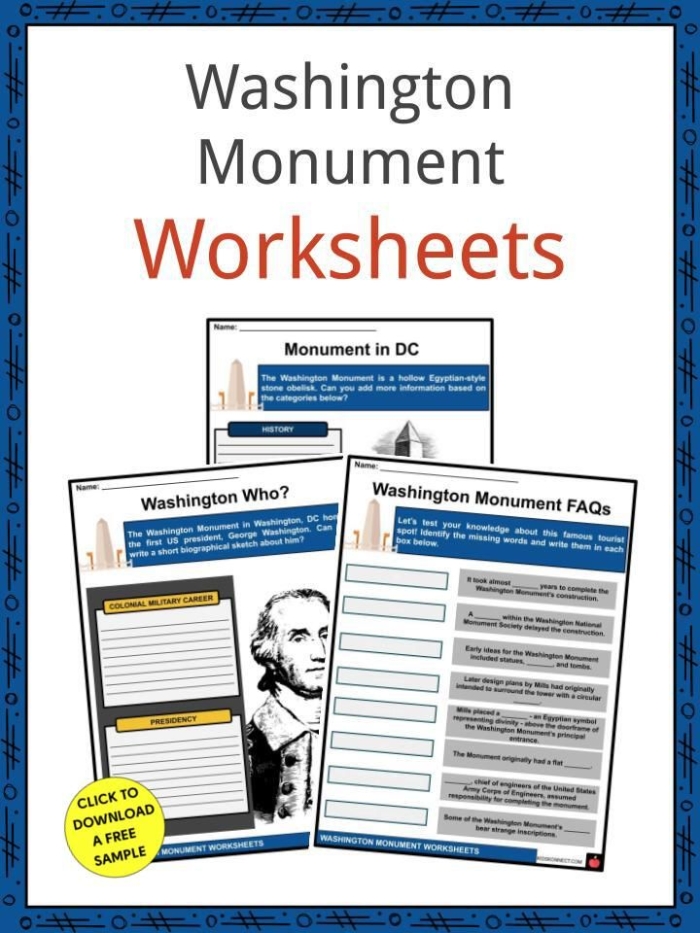 First Grade worksheet featuring a paper model of the Washington Monument