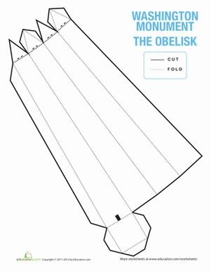 First Grade worksheet showing a paper model of the Washington Monument for grammar practice