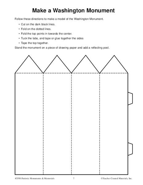 First Grade worksheet showing a paper model of the Washington Monument for learning grammar and mechanics