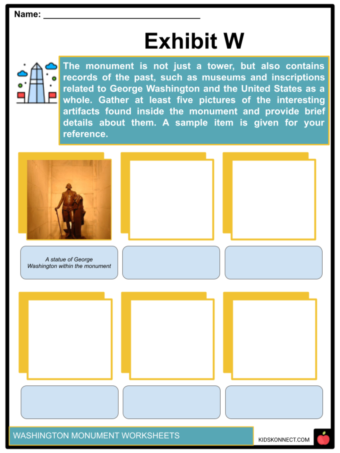 First Grade Washington Monument Model worksheet showing a paper craft activity