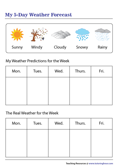 First Grade student completing a Predicting Weather worksheet focused on basic weather terms