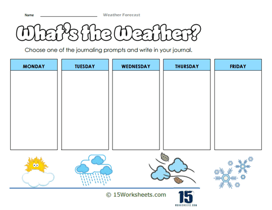 First Grade student completing a Predicting Weather worksheet to learn weather vocabulary and observation