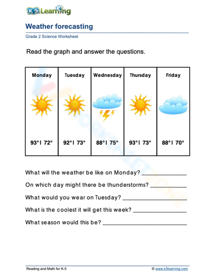 First Grade student completing a weather prediction worksheet with colorful illustrations