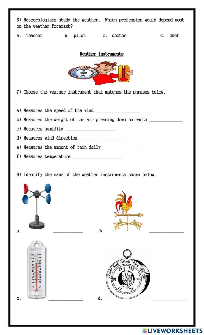 First Grade student completing a weather prediction worksheet focused on phonics and observation