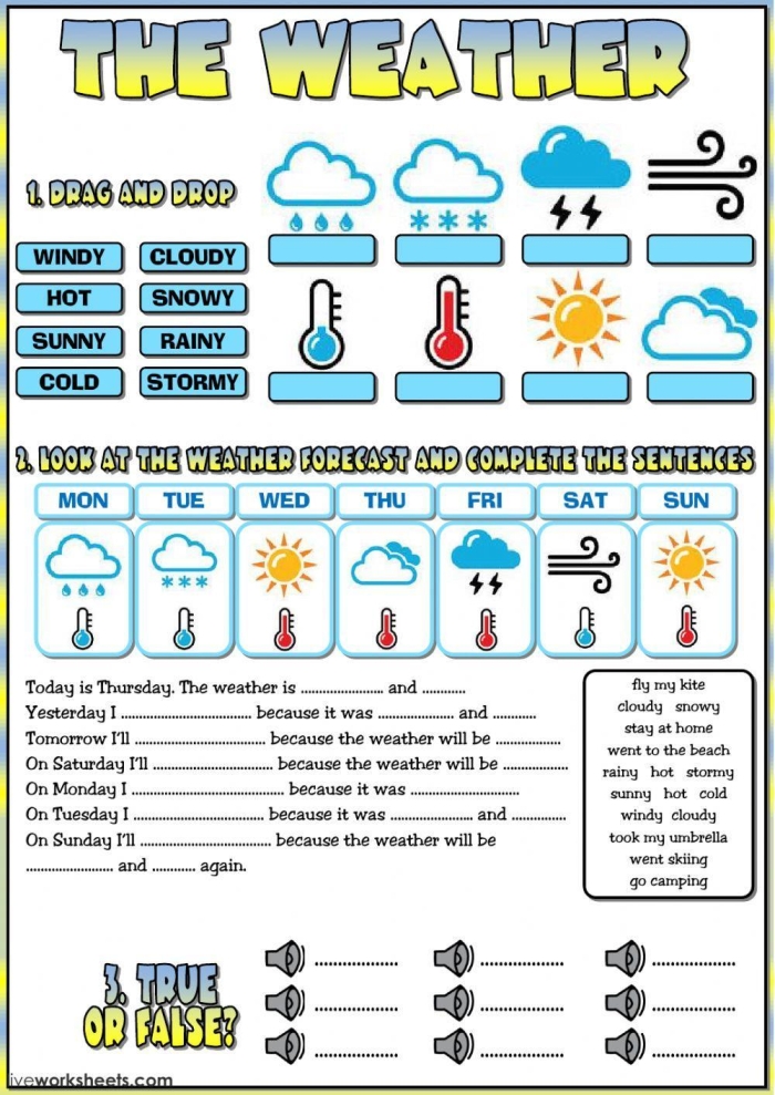 First Grade student completing a Predicting Weather worksheet with colorful weather icons