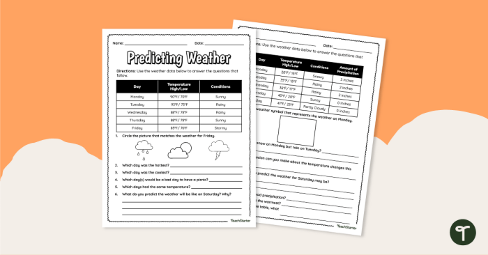 First Grade student completing a Predicting Weather worksheet focused on basic weather vocabulary