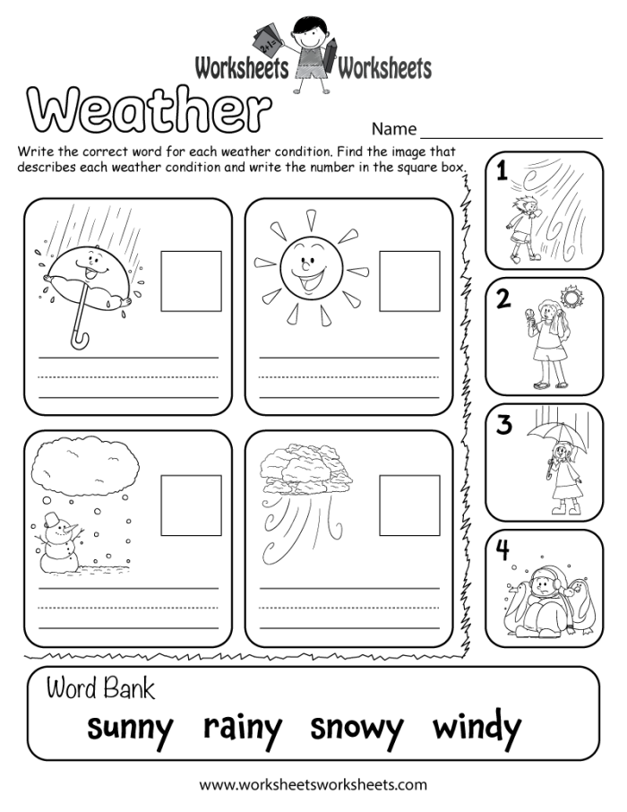 First Grade student completing a Predicting Weather worksheet practicing weather vocabulary