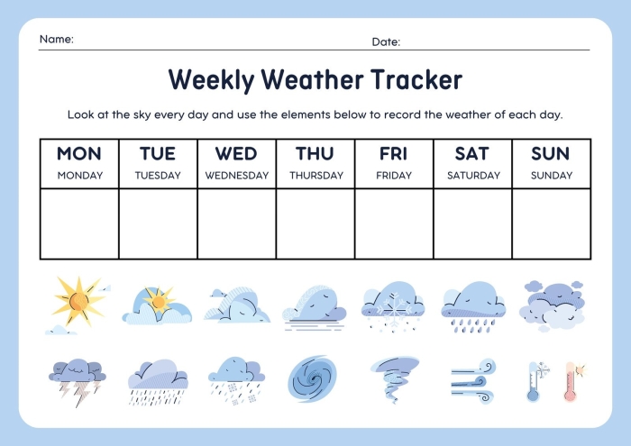 First Grade student completing a Predicting Weather worksheet to learn weather vocabulary