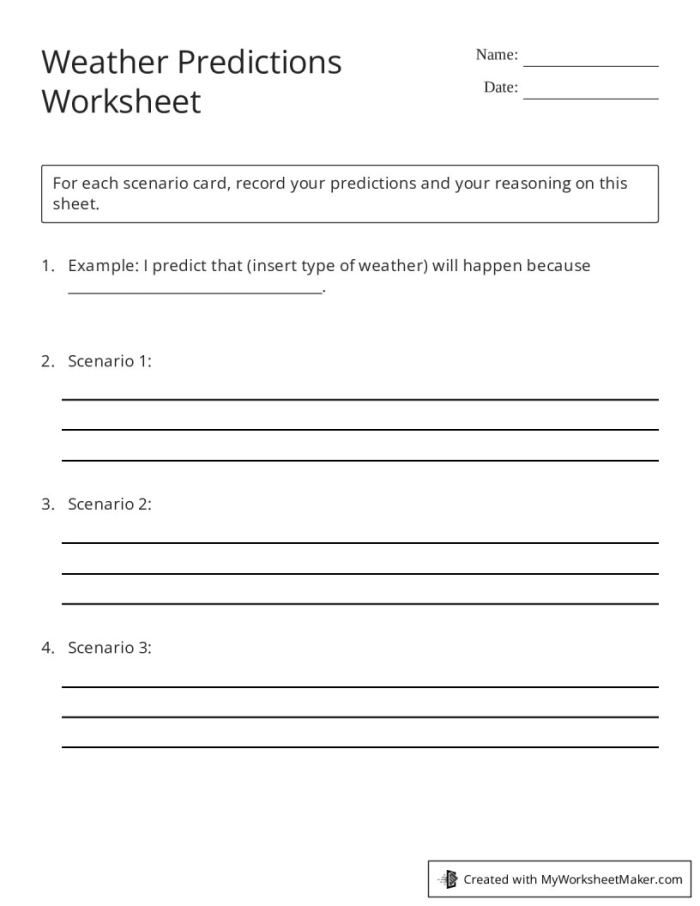 First Grade student completing a Predicting Weather worksheet practicing weather vocabulary