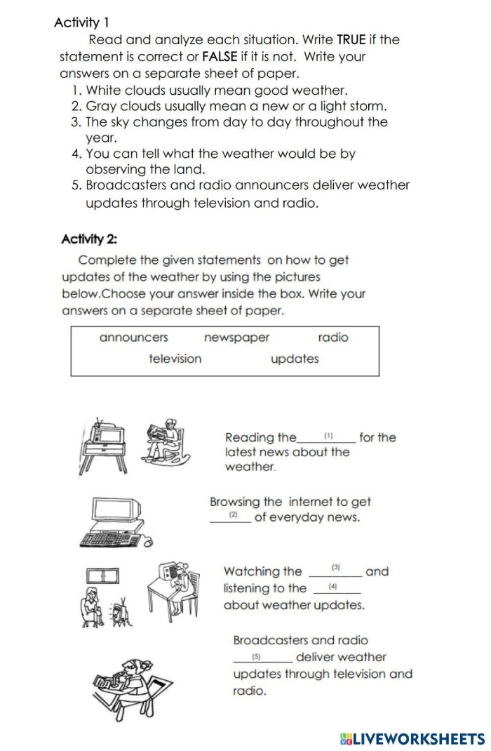 First Grade student completing a Predicting Weather worksheet focused on weather vocabulary and observations