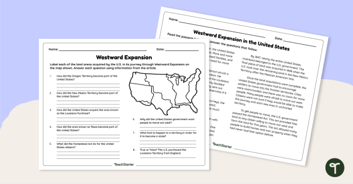 Fifth grade worksheet on the history of United States westward expansion with questions