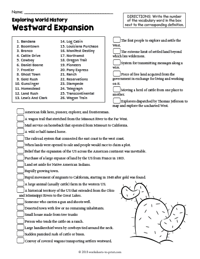 Fifth grade worksheet on the history of US westward expansion with reading questions