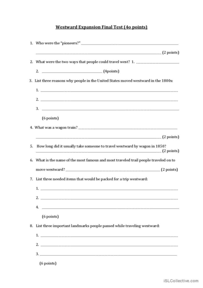 Fifth grade worksheet on the historical westward expansion with reading and questions