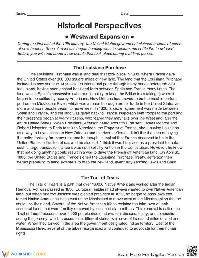 Fifth grade worksheet on historical perspectives of U.S. westward expansion with reading questions