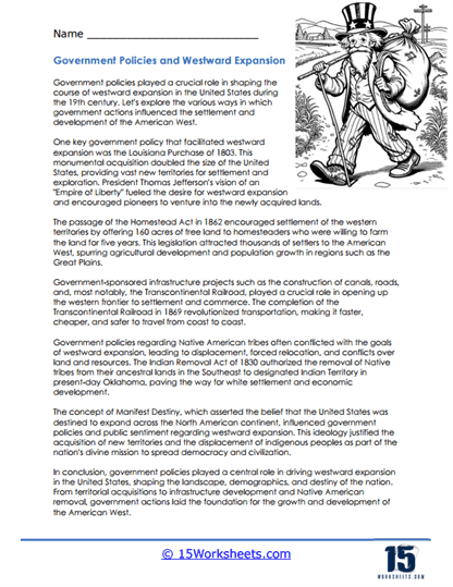 Fifth grade worksheet on United States westward expansion with reading questions