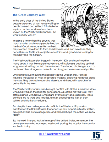 Fifth grade worksheet on westward expansion history with reading and questions