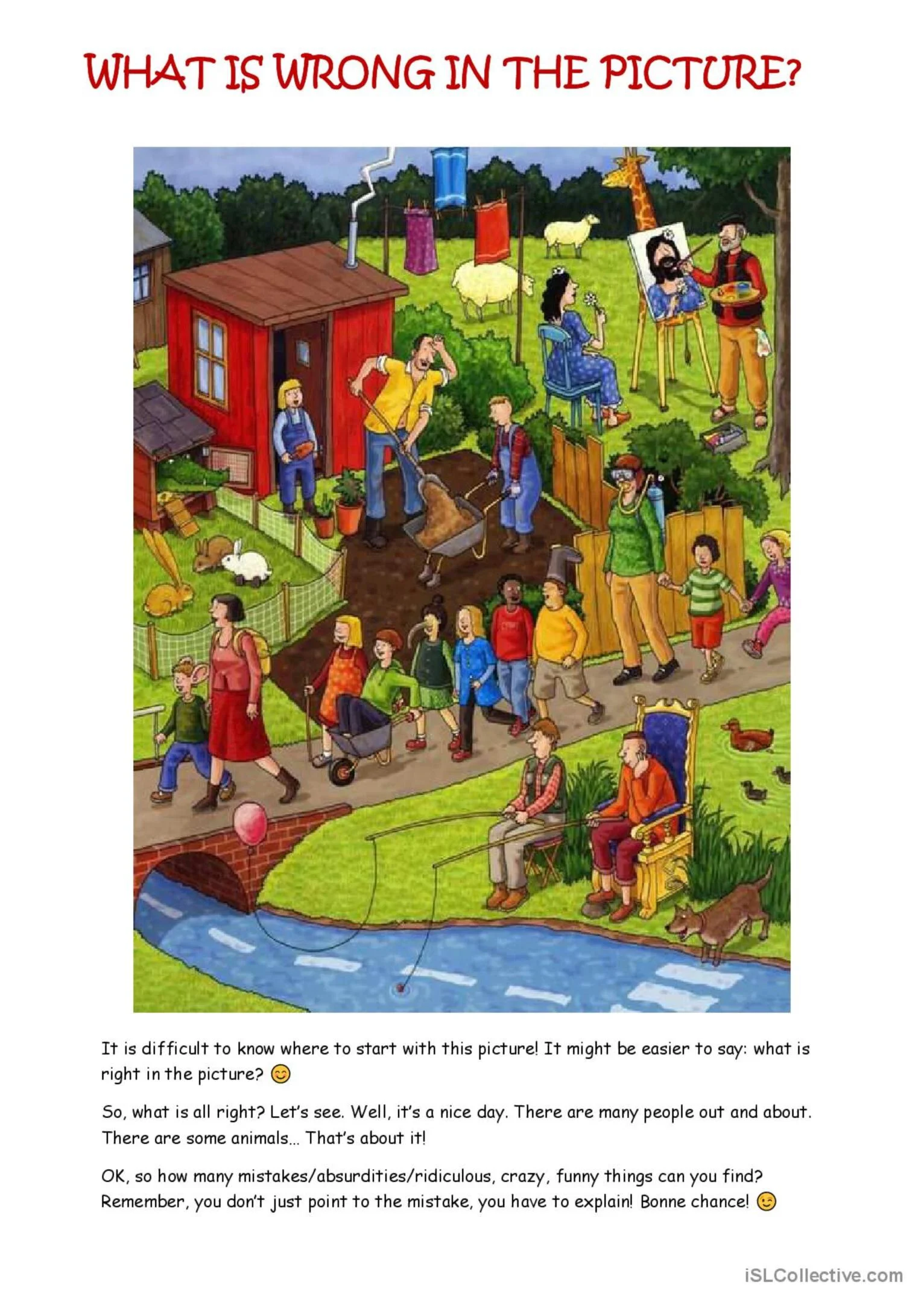 First grade worksheet for "What's Wrong with the Picture?" featuring a humorous scene for April Fools' Day. Engage young learners in identifying mistakes in this fun and wacky illustration.