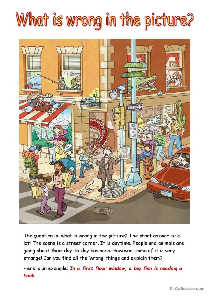A colorful worksheet titled "What's Wrong with the Picture?" featuring humorous errors for first graders to identify