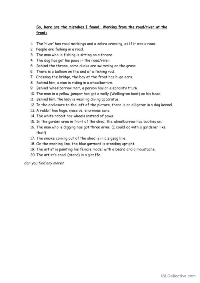 First grade worksheet featuring a fun and silly scene for April Fools' Day with various mistakes to identify. What's Wrong with the Picture? worksheet for celebrating April Fools' Day.