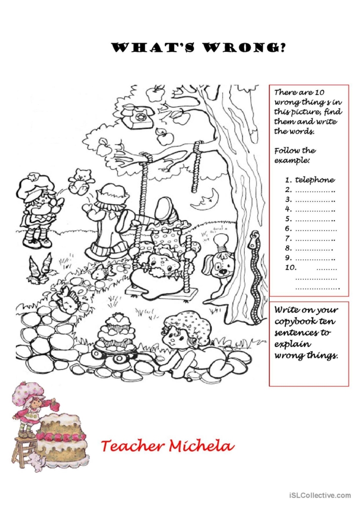 Colorful worksheet for first graders to identify mistakes in a playful April Fools' Day scene