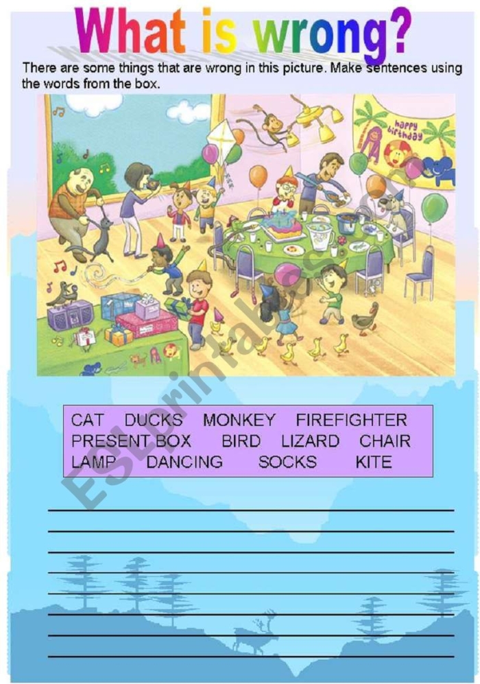 Worksheet image depicting a fun scene for "What's Wrong with the Picture?" activity for first graders. Engaging visual for data and graphing practice to celebrate April Fools' Day.