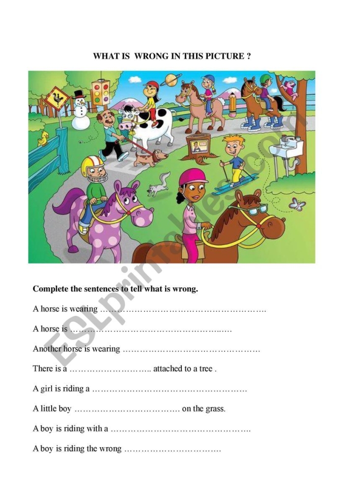 A colorful worksheet featuring a scene with humorous mistakes for first graders to identify. Engaging "What's Wrong with the Picture?" activity for April Fools' Day fun.