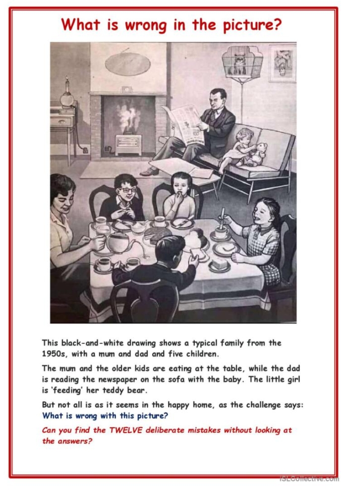 First grade worksheet showing a humorous scene for "What's Wrong with the Picture?" activity. Celebrate April Fools' Day by spotting the errors in this fun illustration.