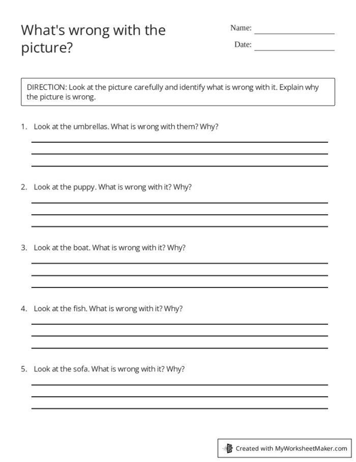 A colorful worksheet for first graders to identify mistakes in a fun April Fools' Day scene. Engaging 'What's Wrong with the Picture?' activity for young learners.