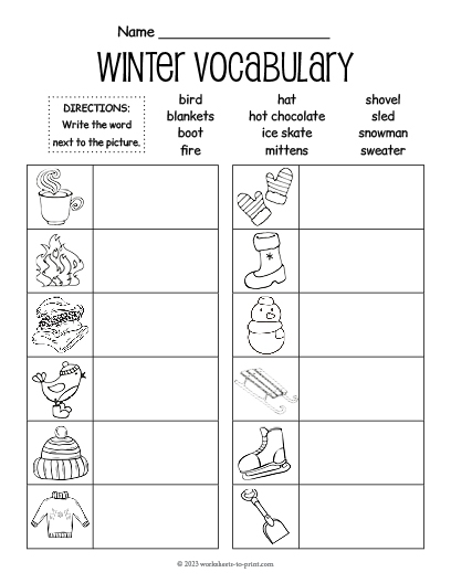 Winter Words worksheet for kindergarten featuring matching winter images and word prompts, image 16 Kindergarten Winter Words worksheet with pictures and a word bank for writing winter-related vocabulary