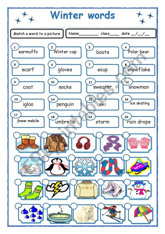 Winter-themed vocabulary activity worksheet for young learners, image 8 in the series Kindergarten Winter Words worksheet showing pictures with a word bank for matching five winter-related terms