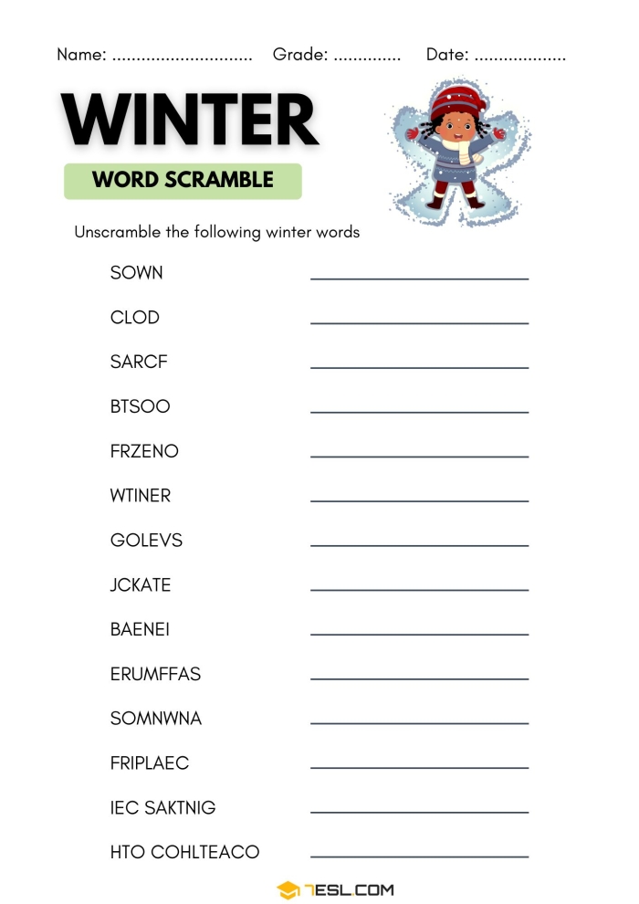 Winter Words worksheet for young learners matching words to images, page 13 Kindergarten Winter Words worksheet with pictures and word bank for matching five winter-themed terms