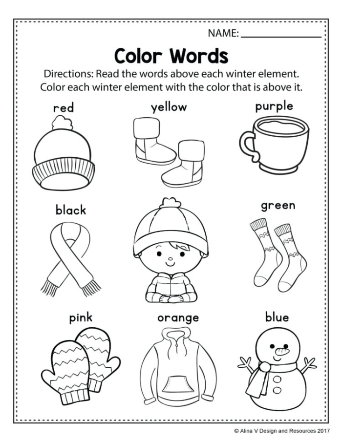 Winter Words worksheet for young learners to practice matching words and images in season 21 Kindergarten worksheet showing a word bank and pictures to match winter vocabulary words
