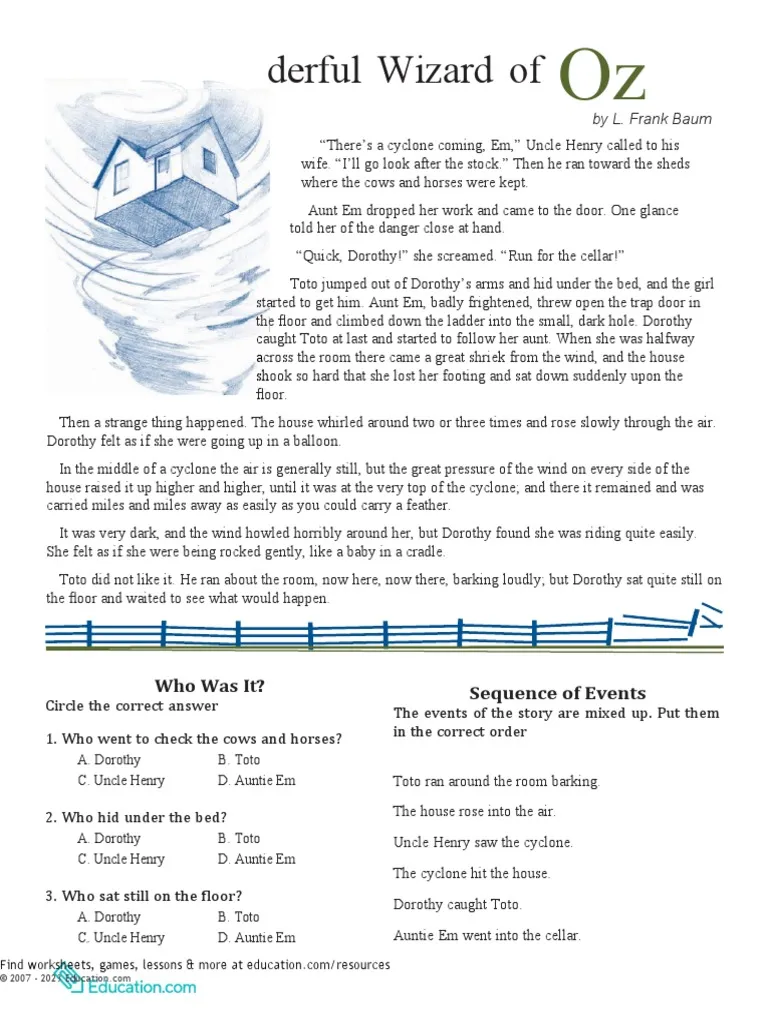 Analyzing a passage from The Wizard of Oz reading activity worksheet for fifth graders Fifth grade students completing a reading comprehension worksheet based on a passage from The Wizard of Oz