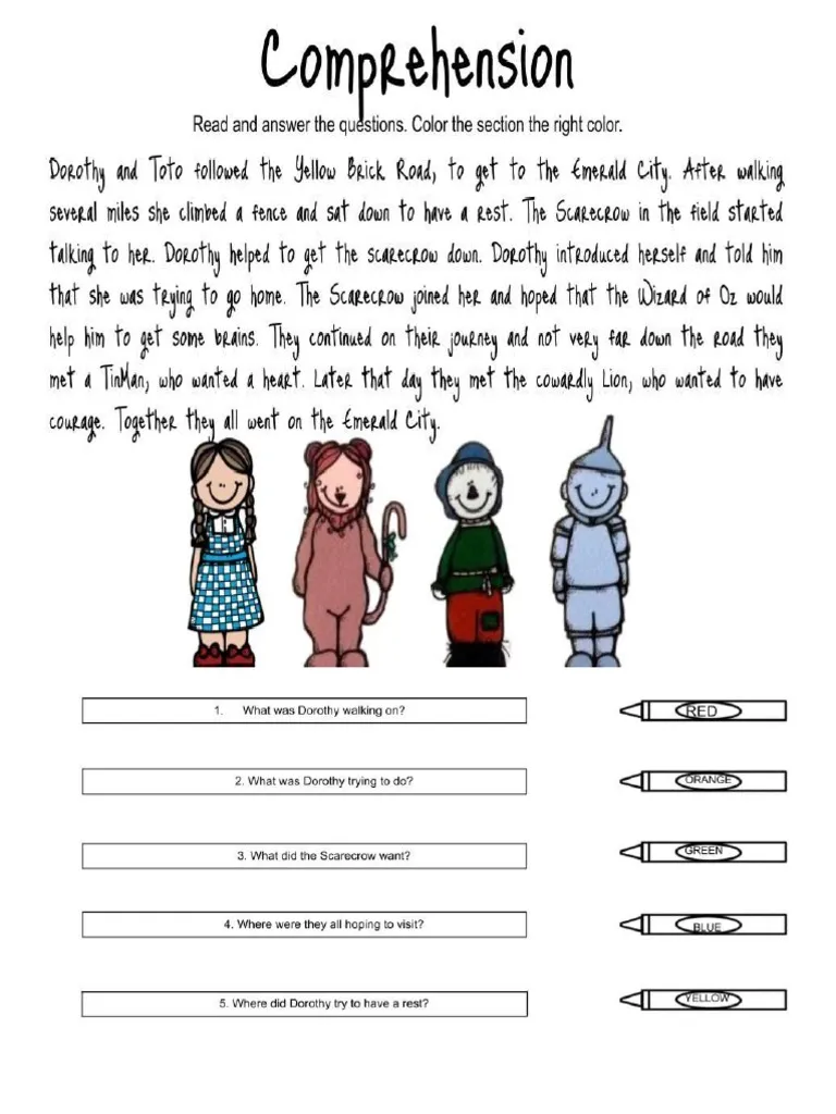 Worksheet for reading comprehension and addition skills based on The Wonderful Wizard of Oz passage 20 Fifth grade students completing a worksheet analyzing a passage from The Wizard of Oz