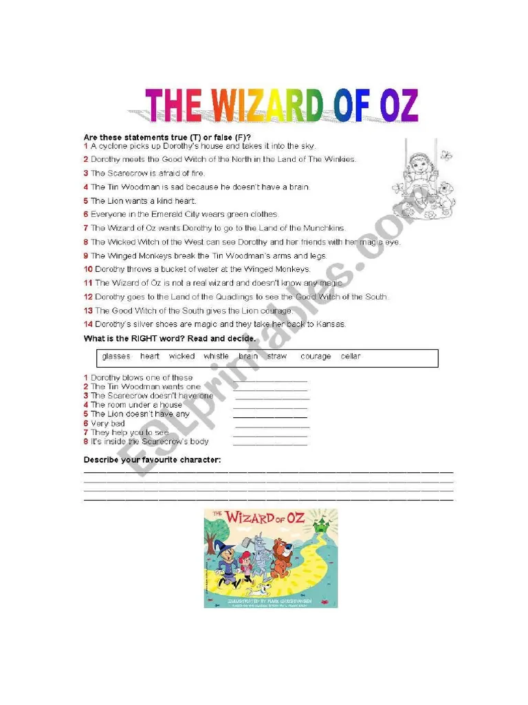 Worksheet for reading comprehension based on The Wonderful Wizard of Oz passage analysis Fifth grade students completing a worksheet analyzing a passage from The Wizard of Oz