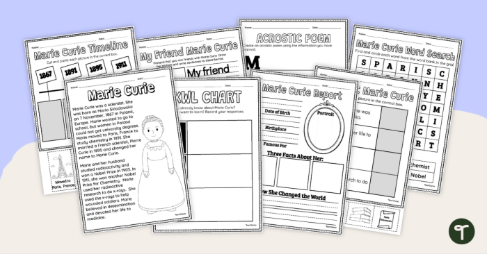 Multiplication worksheet for Third Grade Worksheet featuring Marie Curie, the first woman Nobel Prize winner in science for third graders. Explore the contributions of this remarkable scientist with our engaging history worksheet.