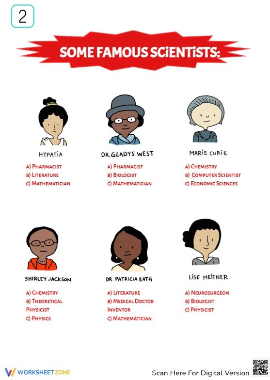 Third graders exploring four trailblazing women scientists in a Who Am I? worksheet