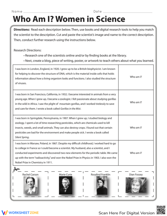 Third Grade worksheet featuring four notable women scientists for history and research practice