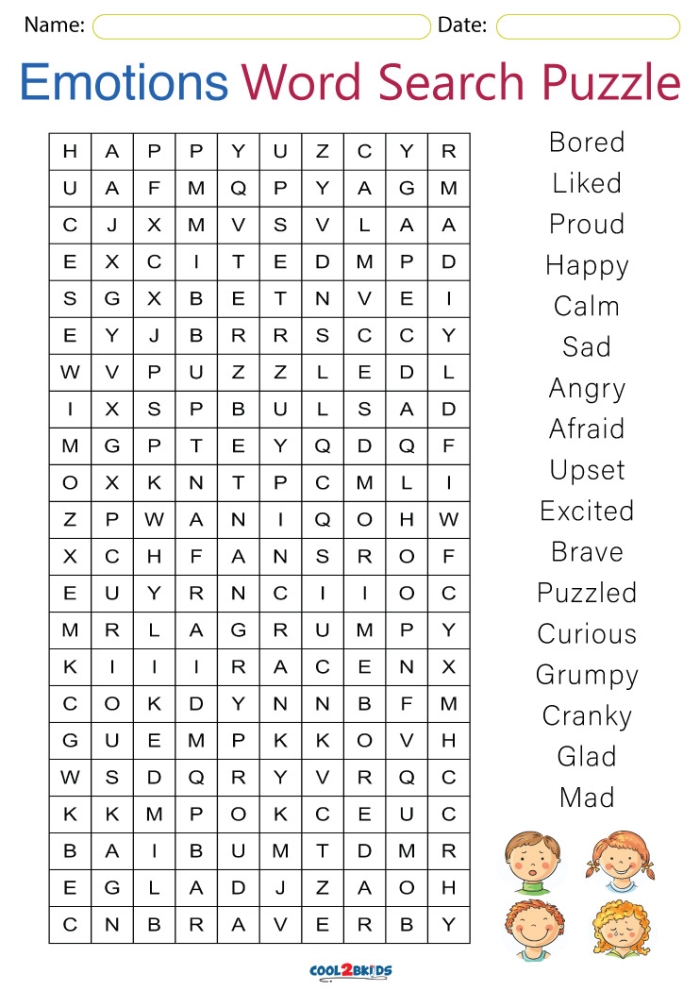 Fun and engaging feelings word search for handwriting practice in Grade 1 Word search worksheet featuring various emotions for first graders to explore