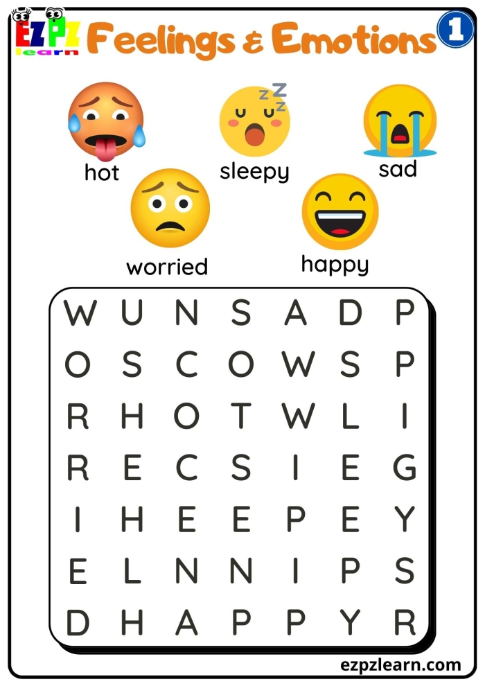 Engaging feelings word search activity for handwriting practice in first grade Word search worksheet featuring various feelings for first graders to identify