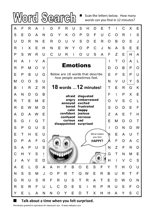 Fun word search: Discover feelings hidden in this engaging handwriting activity Colorful word search worksheet featuring various emotions for first graders