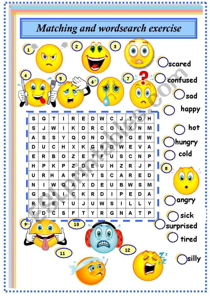 Engaging feelings word search activity for handwriting practice in first grade Word search worksheet featuring various emotions for first graders to explore