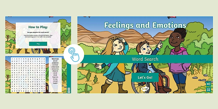 Handwriting worksheet for First Grade A first-grade worksheet featuring a word search focused on various feelings for children to discover. Word Search: Feelings worksheet for first graders to enhance handwriting skills.