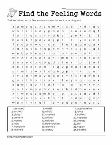 Fun Word Search: Discover Different Feelings for Kids Worksheet featuring a word search focused on identifying various feelings for first graders