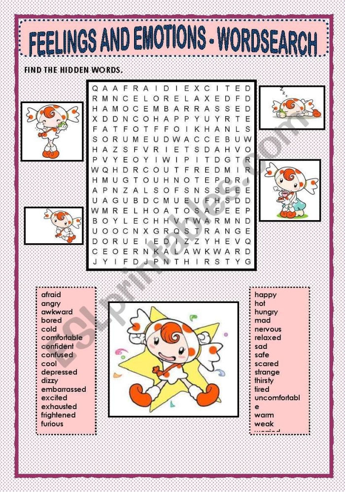 Engaging feelings word search activity for handwriting practice in first grade Word search worksheet featuring various feelings for first graders to discover